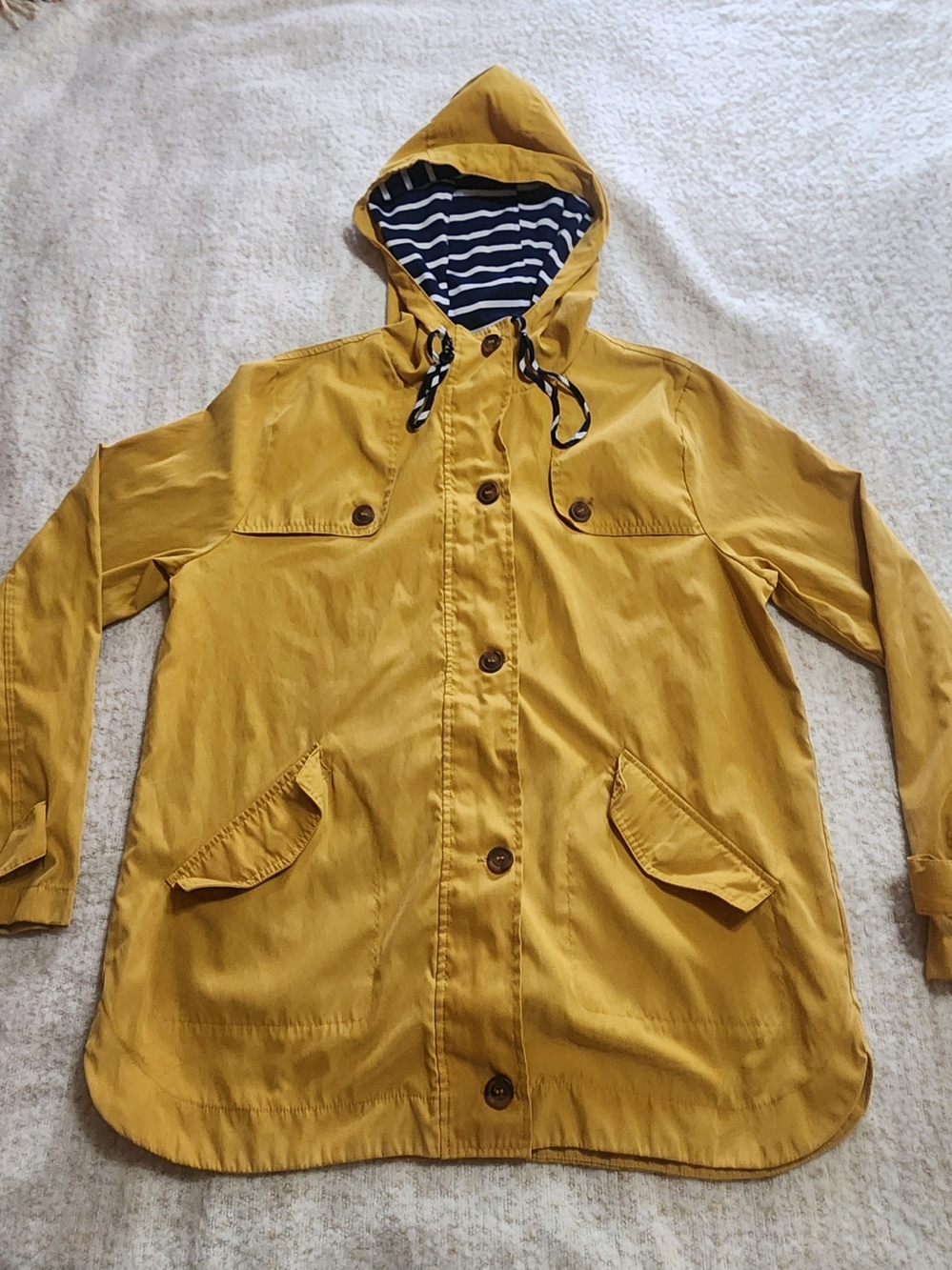 MINE Mustard Yellow Nautical Rain Jacket Hooded Striped Lining Size Large